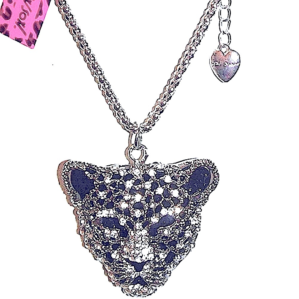 Leopard Cheetah Cat Bling Necklace 18"-22"Silver pl over ss Chain NEW NWT